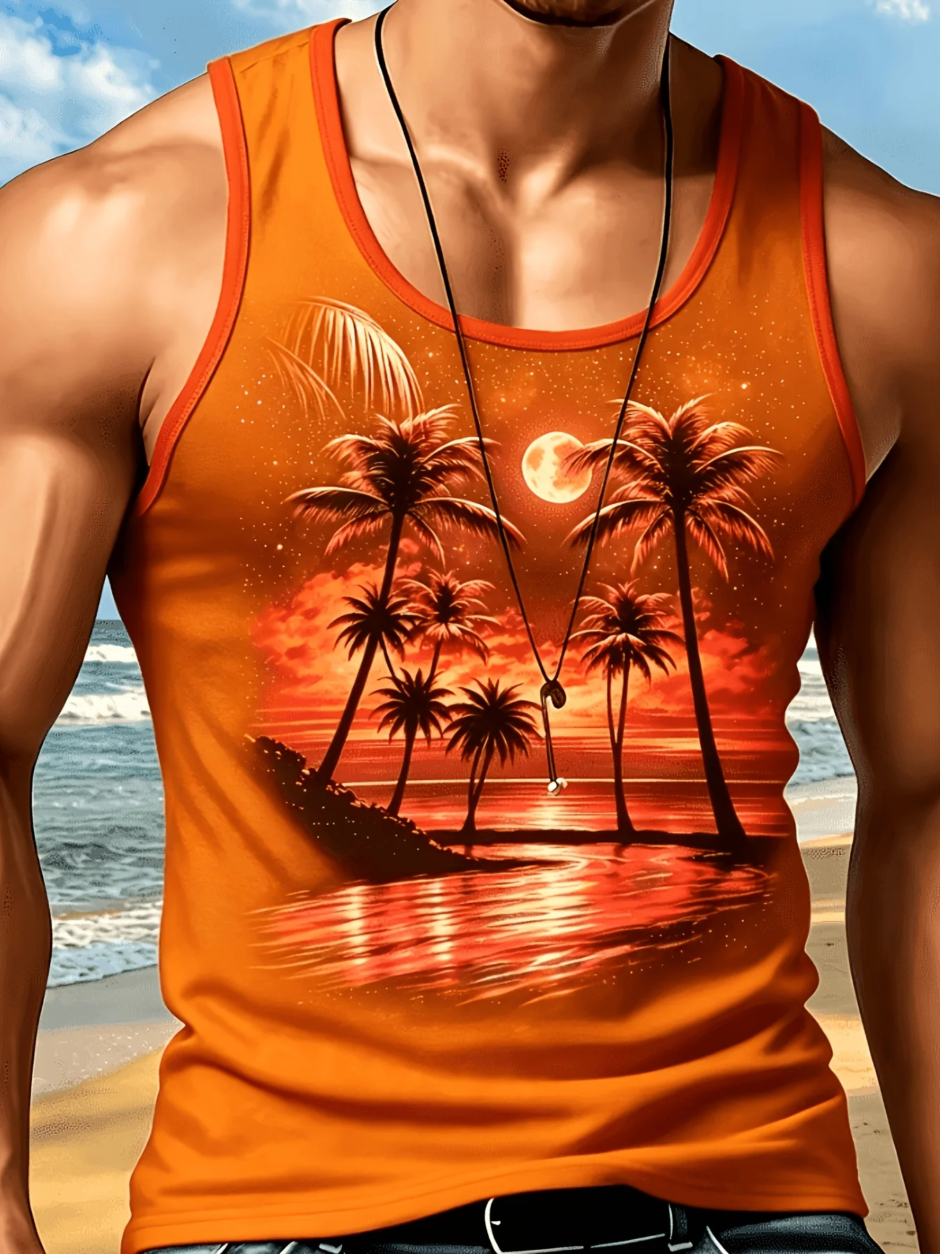 Men's Red Tropical Palm Tree Full Moon Beach Graphic Tank Top