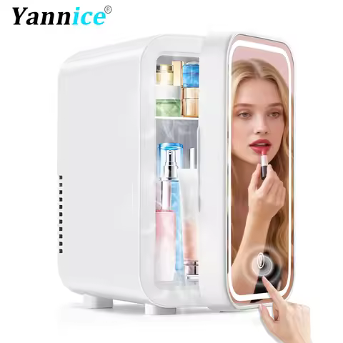 Mini Geladeira e Aquecedor 4L com Espelho e Luz LED, Refrigerador Portátil para Maquiagem e Cosméticos, Mantém Fresco para Carro e Casa