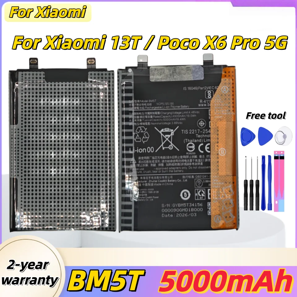 

2026 Years BM5T 5000mAh High Quality Rechargeable Battery For Xiaomi 13T / Poco X6 Pro 5G Replace the phone battery+ Free Tools