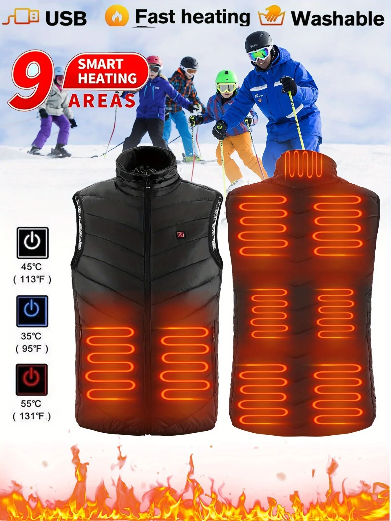 Men's 9-zone smart heated vest, warm heated outdoor vest, washable, constant temperature, USB powered with adjustable temperatur