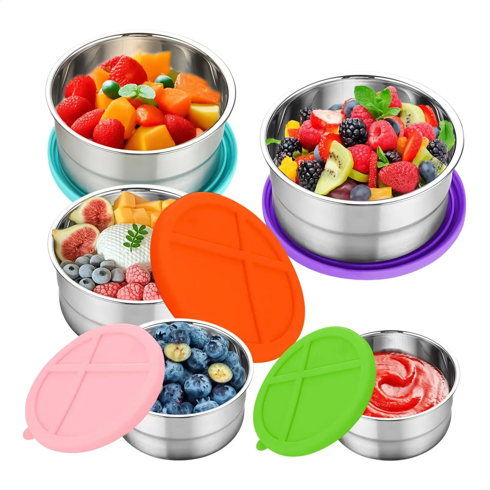 5Pcs Stainless Steel Fresh-Keeping Box with Silicone Lid Refrigerator  Fruit Sealed Bento Box Freezer Bowl Food Storage Containe