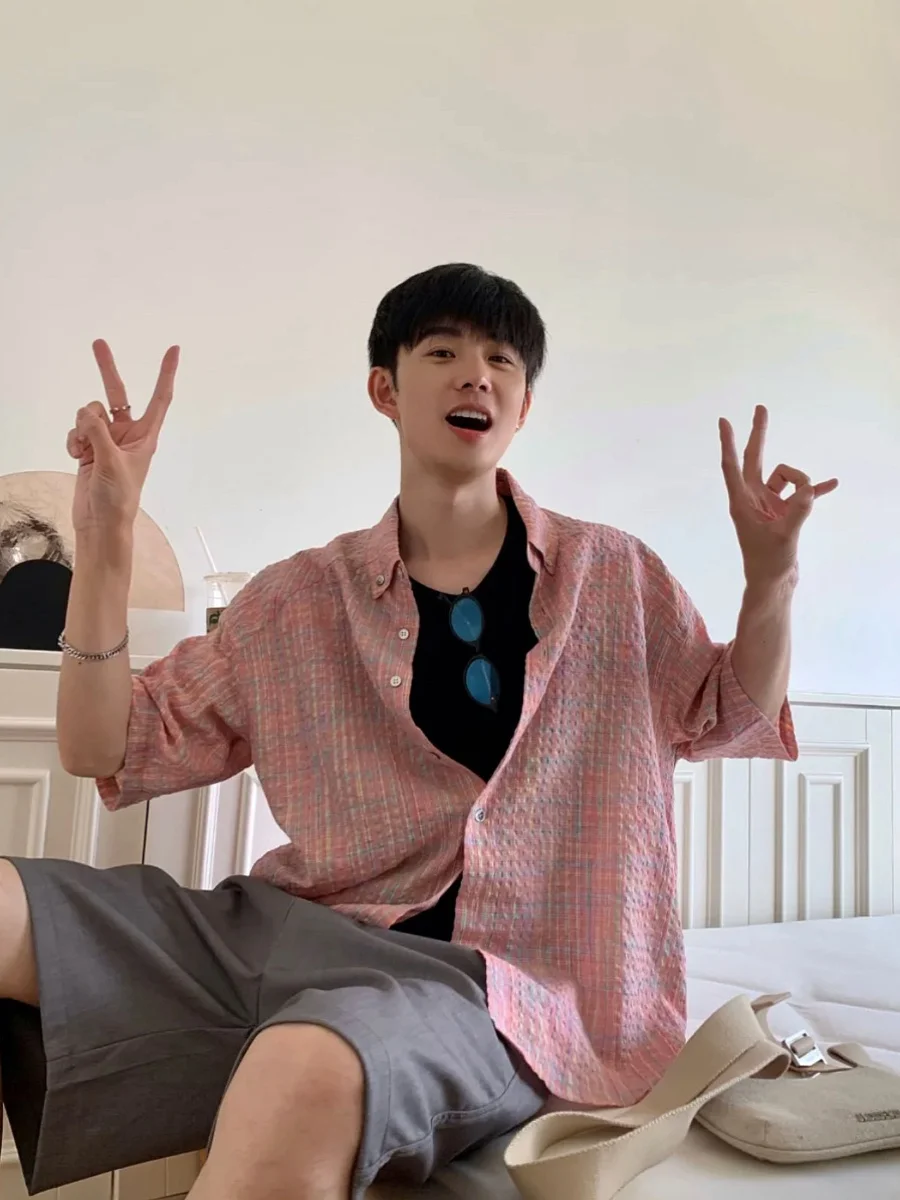 

American Woven Plaid Bubble irt Loose Casual Summer Sun Protection Top for Men And Women Couples ort Sve Outerwear