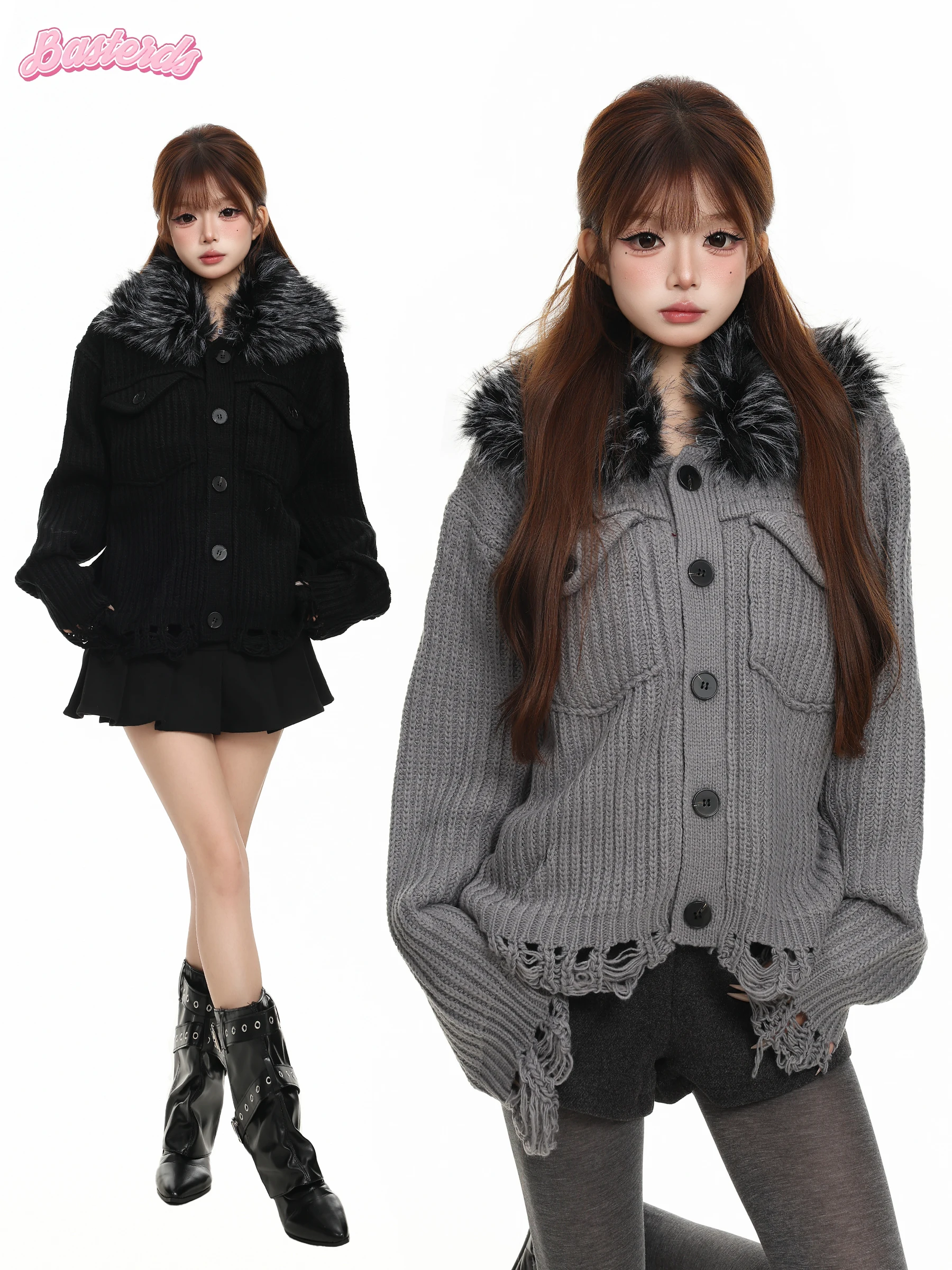 BASTERDS Korean Lazy Style Women's Knitted Sweater with Fur Collar Autumn Winter Hole Design Open Cardigan Top Medium Softness