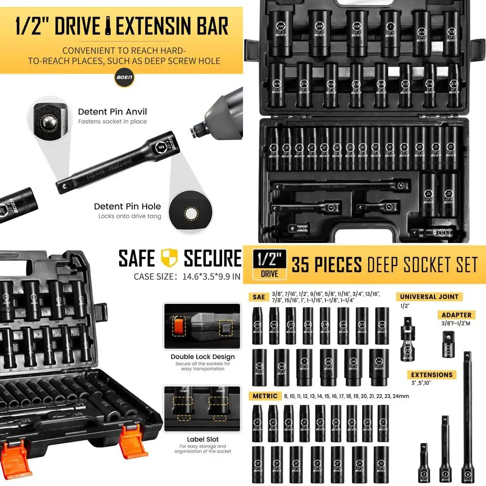 

Half-Inch Drive Deep Impact Socket Set - SAE 3/8 to 1-1/4 & Metric 8-24mm, with Extensions, Joint, Adapter, Cr-V Steel, and Doub