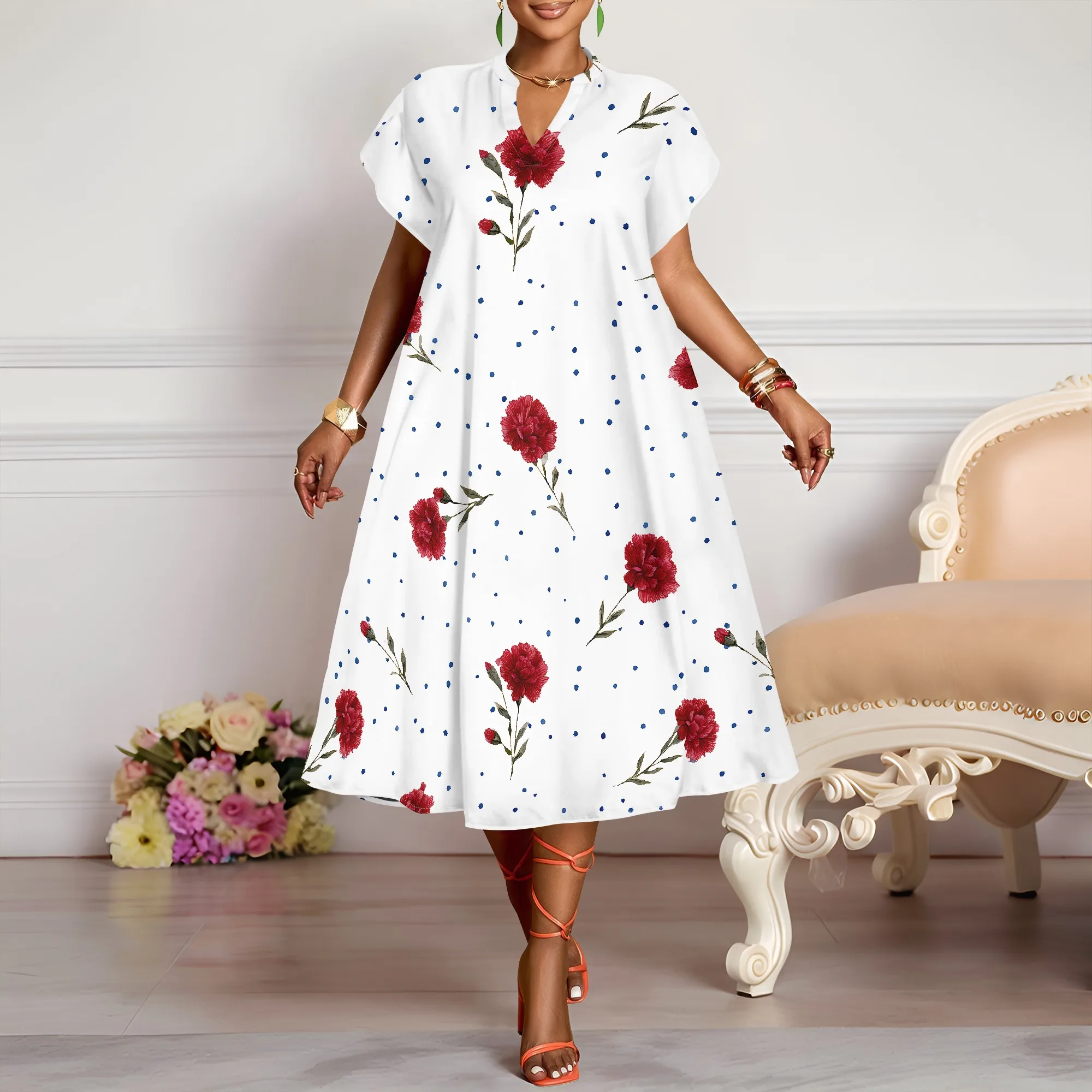 Floral Print V Neck Dress, Short Sleeve A Line Midi Dress, Red Flower Pattern Summer Dress for Women Casual Beach Party XS-3XL