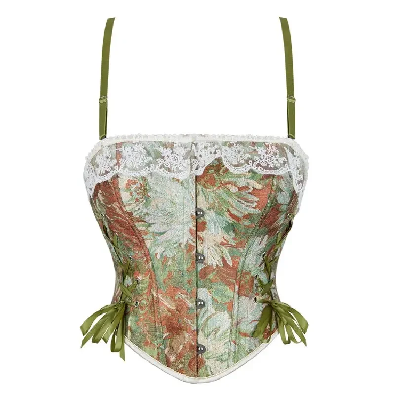 Cute Vintage Floral Print Corset Halter Bustier Top Retro Lace Up Corset Renaissance Korset Camisole Vest