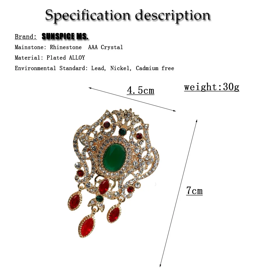 Sunspicems Gold Color Moroccan Jewerly Crystal Brooch Arabic Women Brooch Pins Full Rhinestone Bride Wedding Bijoux