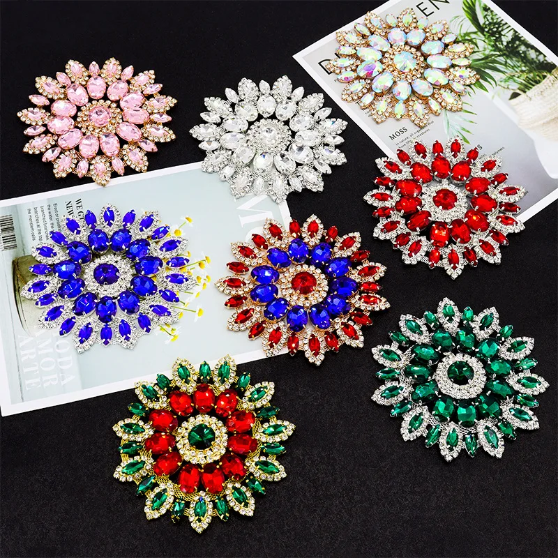 Luxury Rhinestone Flowers Applique with Metal Chain Back Platinum Crystal Patch Rhinestone Appliques for sew on Wedding Scarf