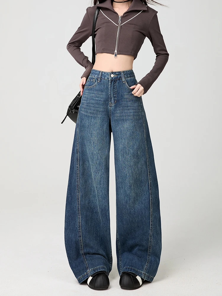 

High Waist Wide Leg Fleece Lined Loose Straight Cut Jeans Women's Retro American Style Winter New Arrival Floor Length