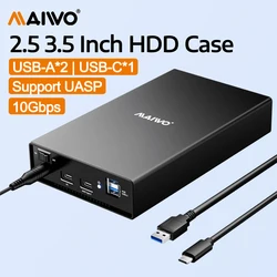 MAIWO External Hard Drive Enclosure(6Gbps) with 10Gbps Hub Expander for 3.5 2.5 Inch SATA SSD HDD USB C to SATA III with UASP