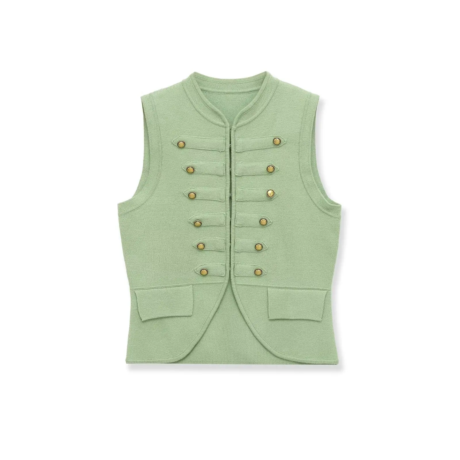 

Withered European And American Style New Product Knot Buckle Decoration Knitted Sleeveless Vest Versatile Round Neck Concealed