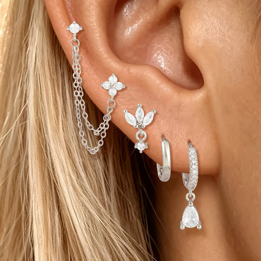 4PCS Gold Plated Tassel Chain Drop 4 Petals Zircon Stud Earrings Set For Women Little Crystal Circle Earrings Jewelry Gift
