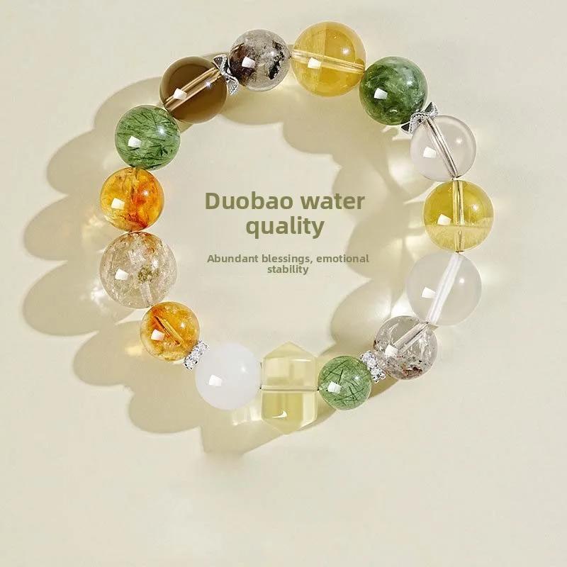 Chinese Style Good Luck Fortune Attracting Natural Multi Treasure Crystal Bracelet For Women Green Rutilated Quartz Citrine Bead