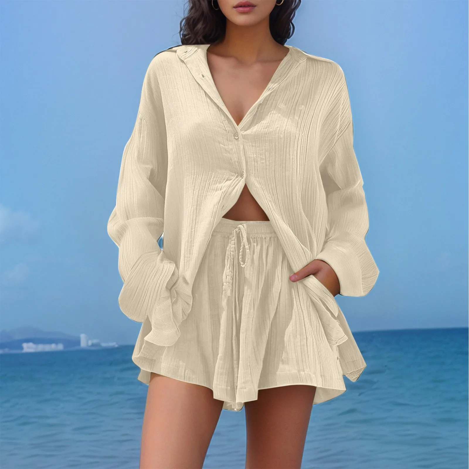 Women'S Solid Colour Long Sleeve Shirt Top And Shorts Sweatshirt Set Seaside Wear Shorts Suit Set 2pcs Thin Comfortable Lounge