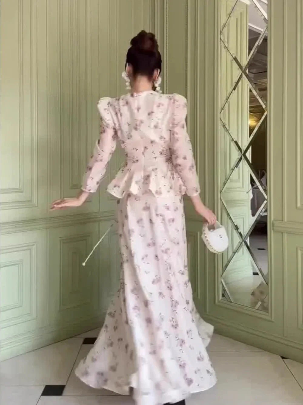 Eid Women Floral Shirt Skirt Muslim Set Sweet Musulman Ensembles 2 Piece Set Shirt Jalabiya Ramadan Dubai Kaftan Arab Long Robe