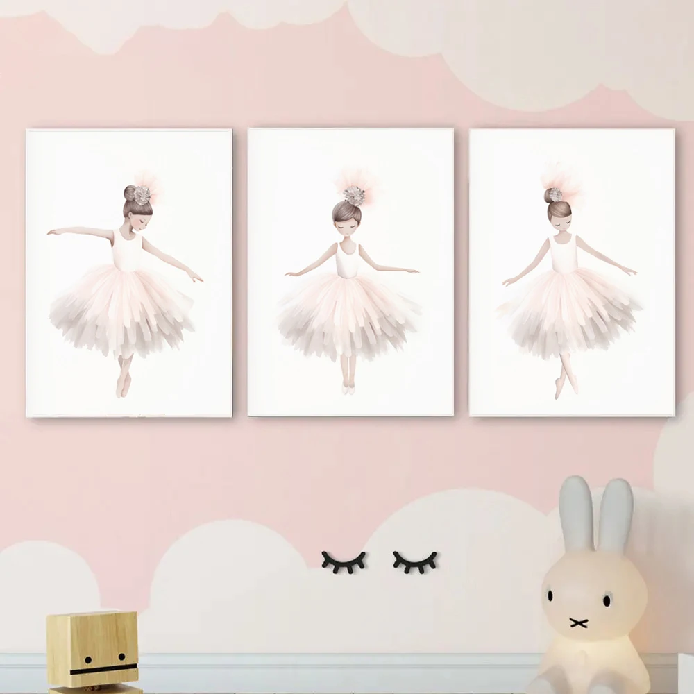 Pink Ballerina Toddler Ballet Girl Dance Cartoon Poster Wall Art Pictures Canvas Painting Nursery Baby Bedroom Home Decor