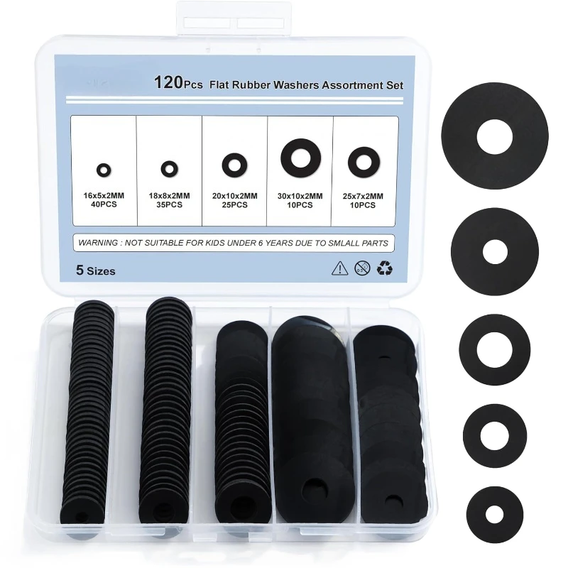 120pcs Rubber Washers Assorted Kit Vibration Absorbing Pads Gasket Ring for Faucets Garden Bolt Screws Hose Plumbing Shower Head