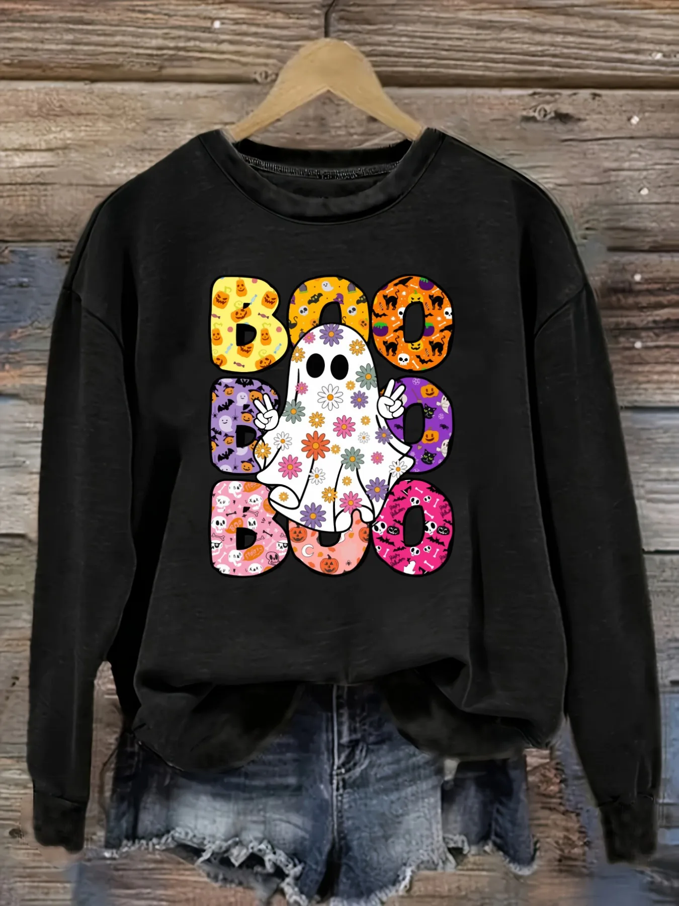 Women's Casual Long Sleeve Crew Neck T-Shirt Boo Boo Boo Ghost Pattern Design, Round Neck Women's Clothing, Machine Washable, Slightly Elastic, Loose Fit, Spring Autumn Winter Women's T-Shirt, Halloween Costume Outfit