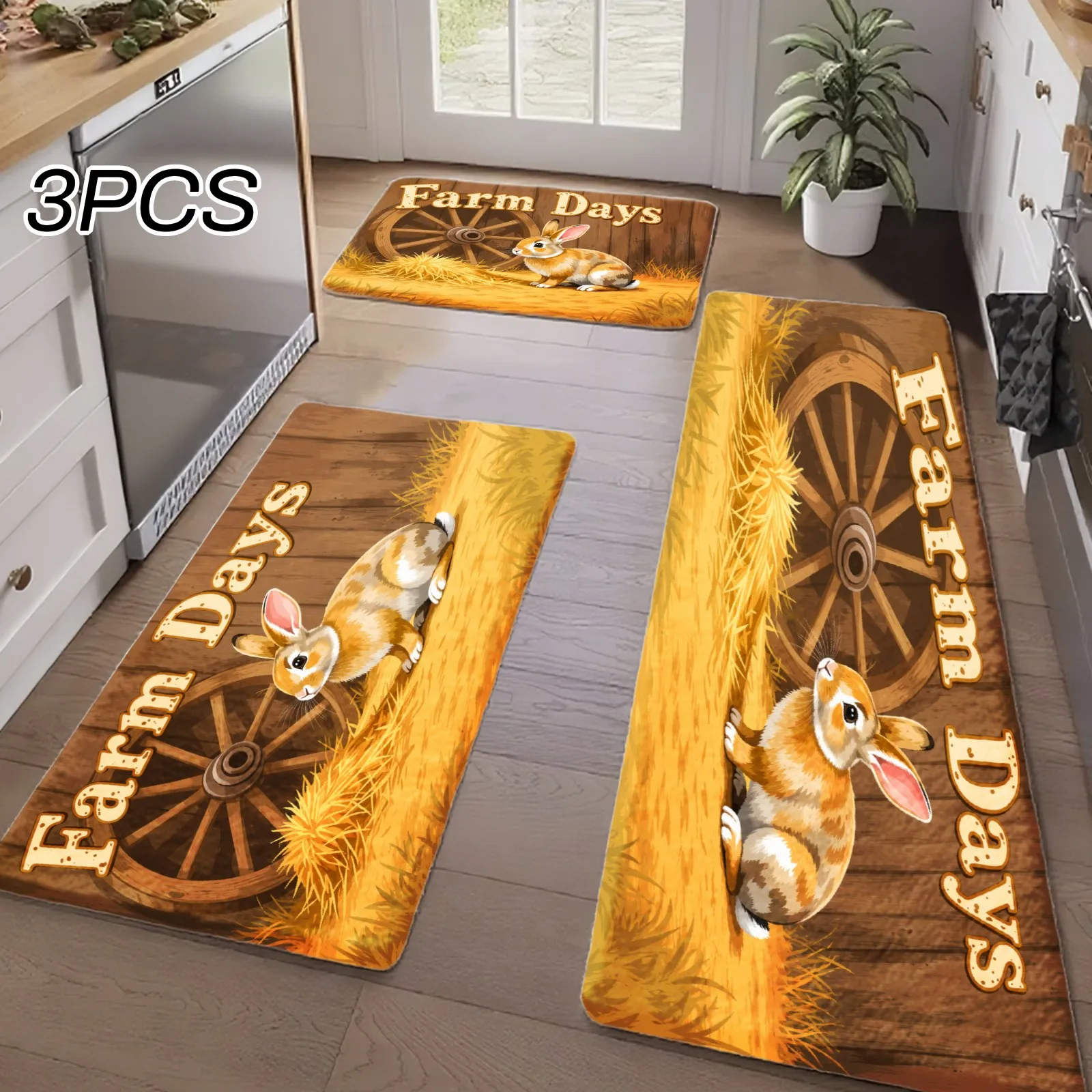 3PCS Kitchen Rugs,Home Decoration for Front Door, Kitchen, Bathroom, Farm Days Rabbit Wheel Hay Field Dining Mat