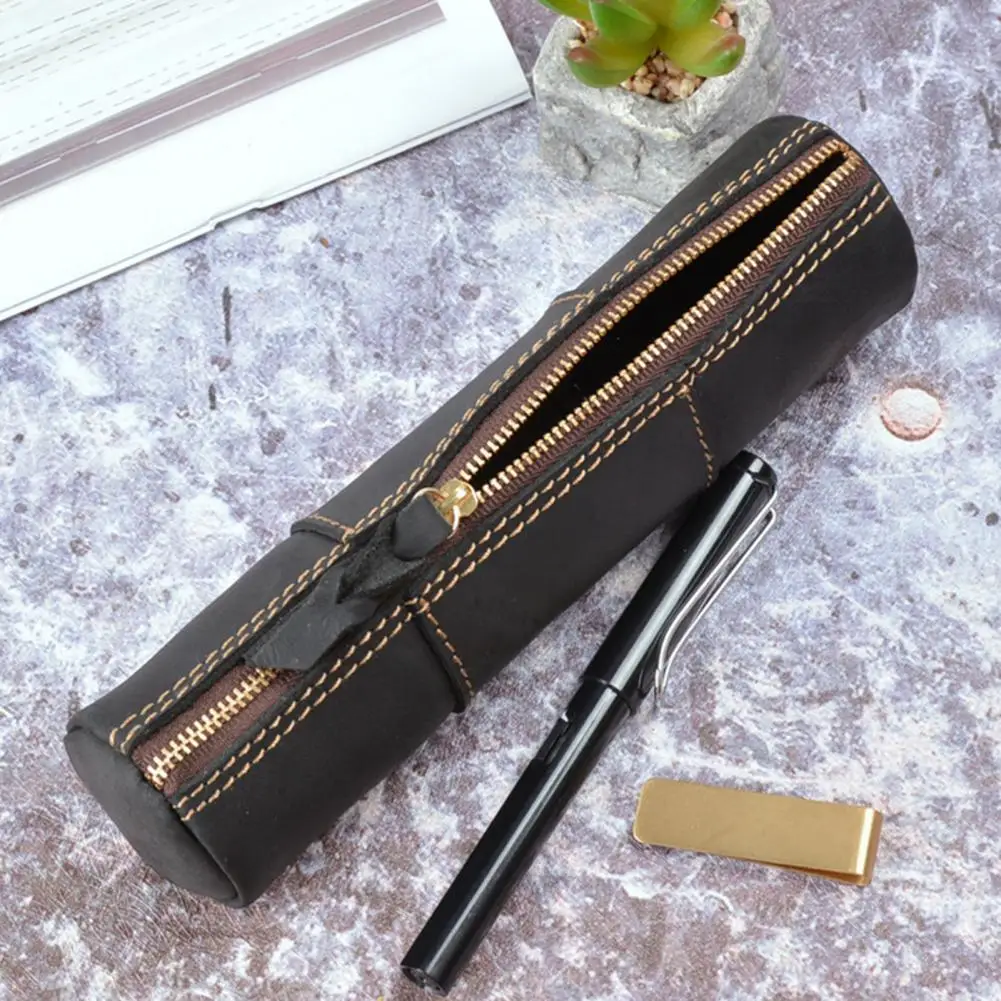 Large Capacity Pencil Case Large Capacity Faux Leather Pencil Case Retro Zipper Closure Stationery Storage Pouch for Students