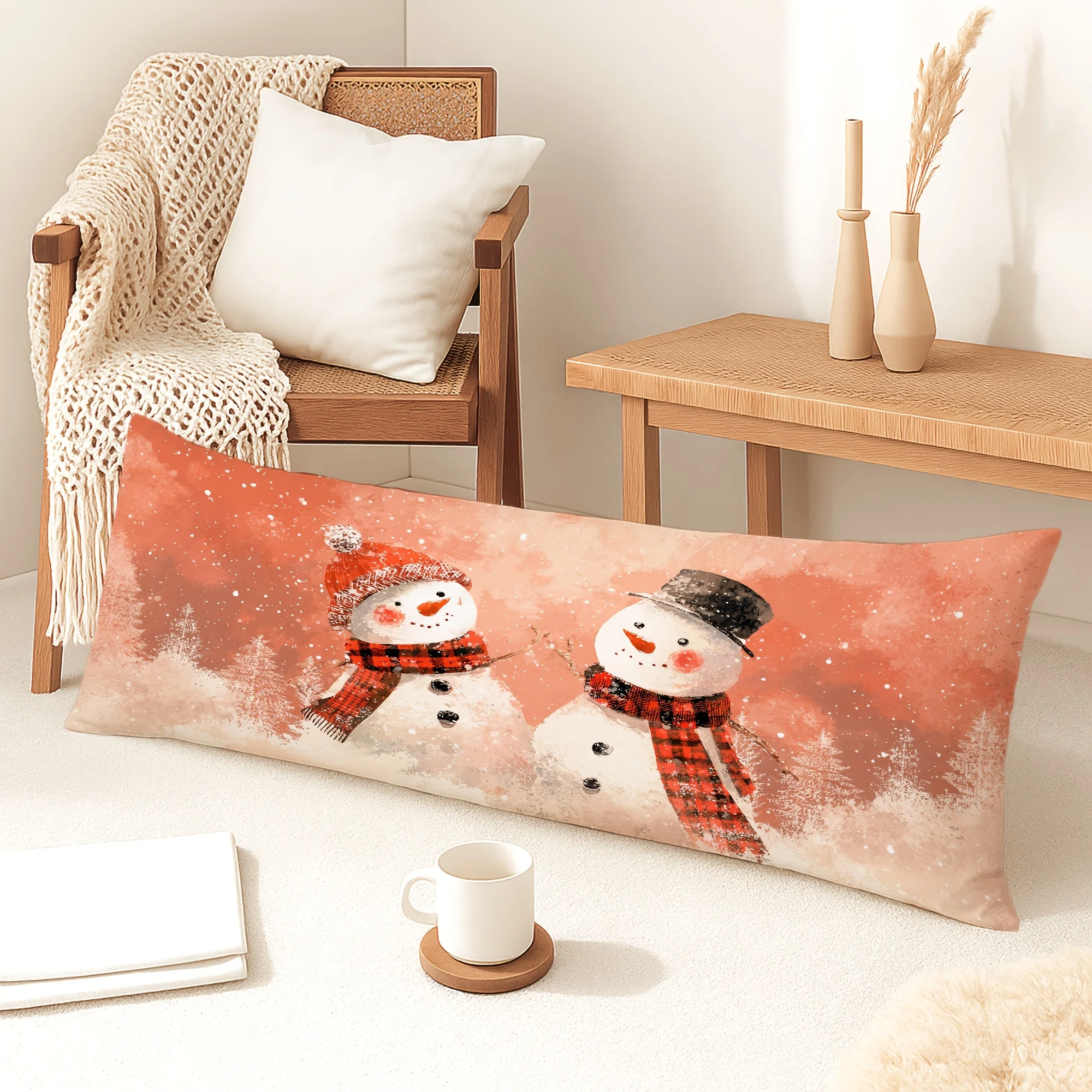 1pc Large Watercolor Winter Snowman & Pine Tree Body Pillow Cover - Contemporary Bedspread Case Suitable for Sofa, Bed, Living R