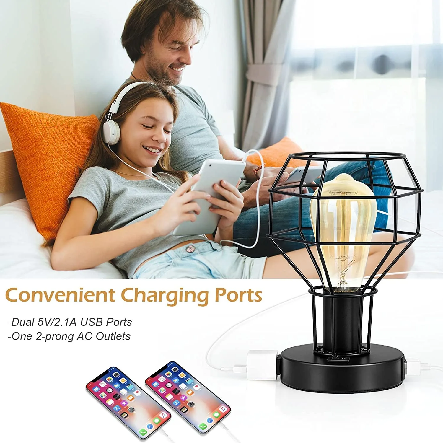 

Industrial Table Lamp Small Desk Lamp with USB Charging Port Vintage Lamp with Outlet for Bedroom Living Room Nightstand 2 Sets