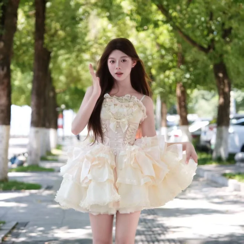 

Handmade High Quality French Sweet Lolita Princess Puffy Cake Dress Mini Birthday Party Wedding Dresses Photography Clothing