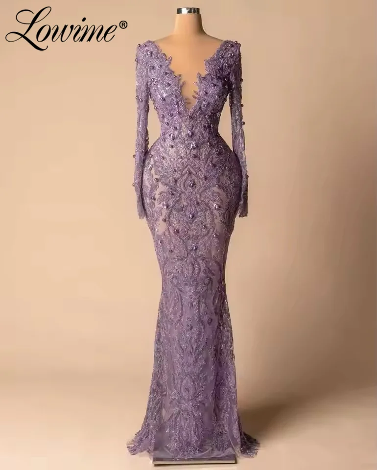 Elegancka fioletowa suknia wieczorowa dla kobiet, długie rękawy, suknie na przyjęcia, szyte na miarę, zdobione kryształkami, syrenie suknie balowe, prześwitujący dekolt, 2026
