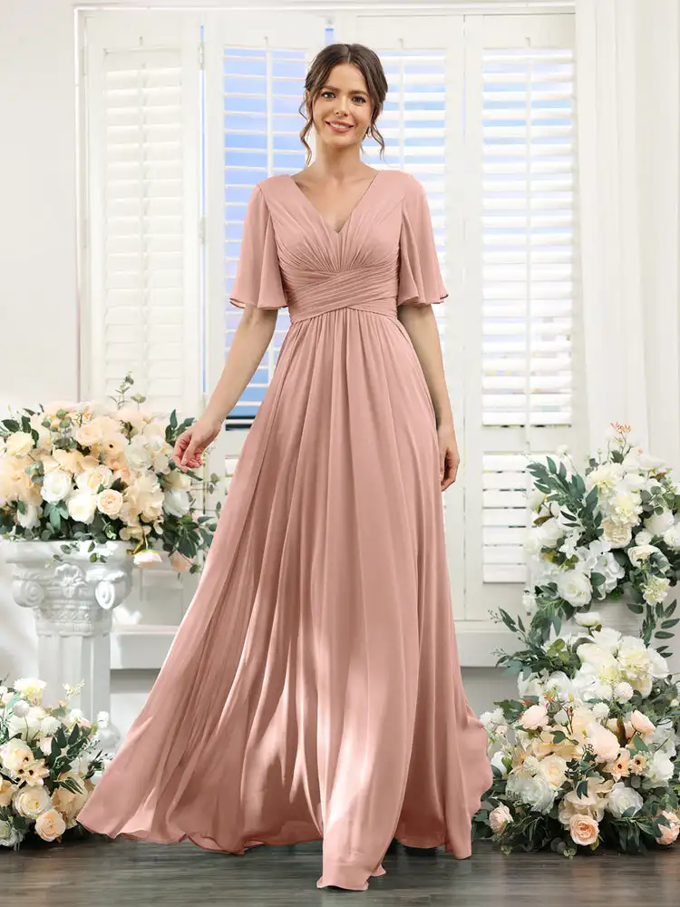 Chiffon V Neck Bridesmaid Dresses A-line Short Sleeves Elegant Evening Gown Plain Ruffles Ruched Lace Up Wedding Guest Dress