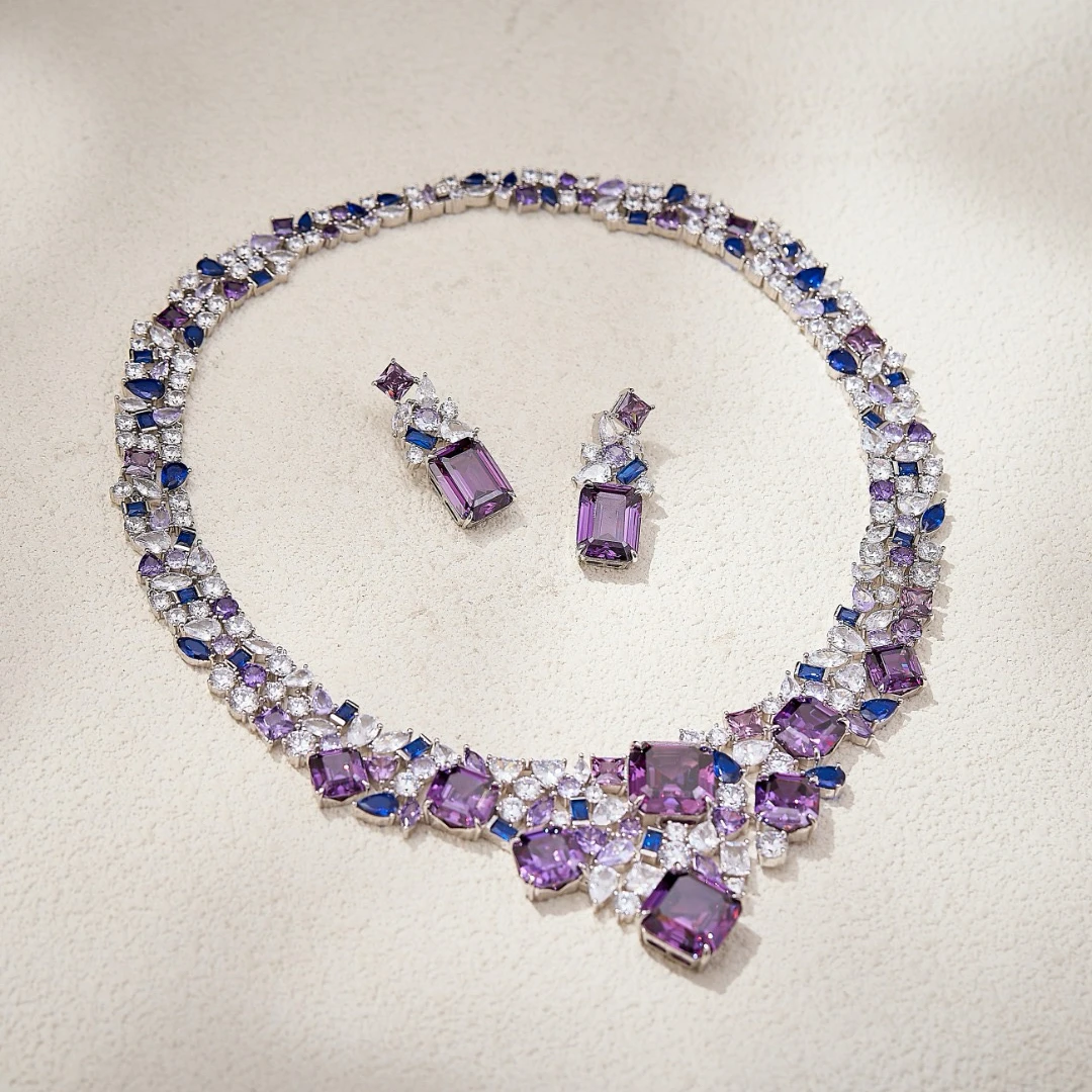 AY Luxurious Fashion Fine Jewelry Sets Different Princess Color Necklace Earrings Set For Women Lady Wedding party Gift