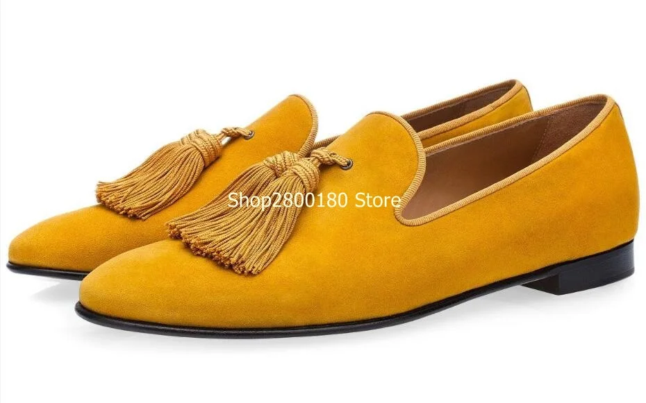 Blue Yellow Burgundy Suede Solid Color Round Toe Tassel Slip On Loafers Men Run Way Outdoor Low Top Fringe Flat Casual Shoes