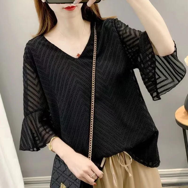 Summer Casual Women V-Neck Petal Sleeve Chiffon Shirt Sheer Loose Plus Size Top Office Lady Solid Elegant Trend All-Match Blouse