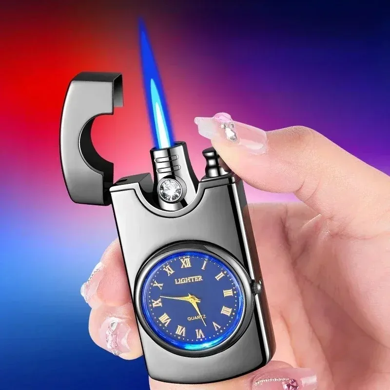 Novel Unique Flame JetMetal Butane Gas CigarLighters Creative LighterWith Clock PremiumFestival Gifts SmokingAccessories