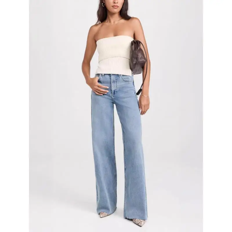 Maxdutti Vintage Flared Jeans Minimalist High Waisted Light Blue Thin Fabric Wide Leg Fringed Denim Pants Woman Clothing 2027
