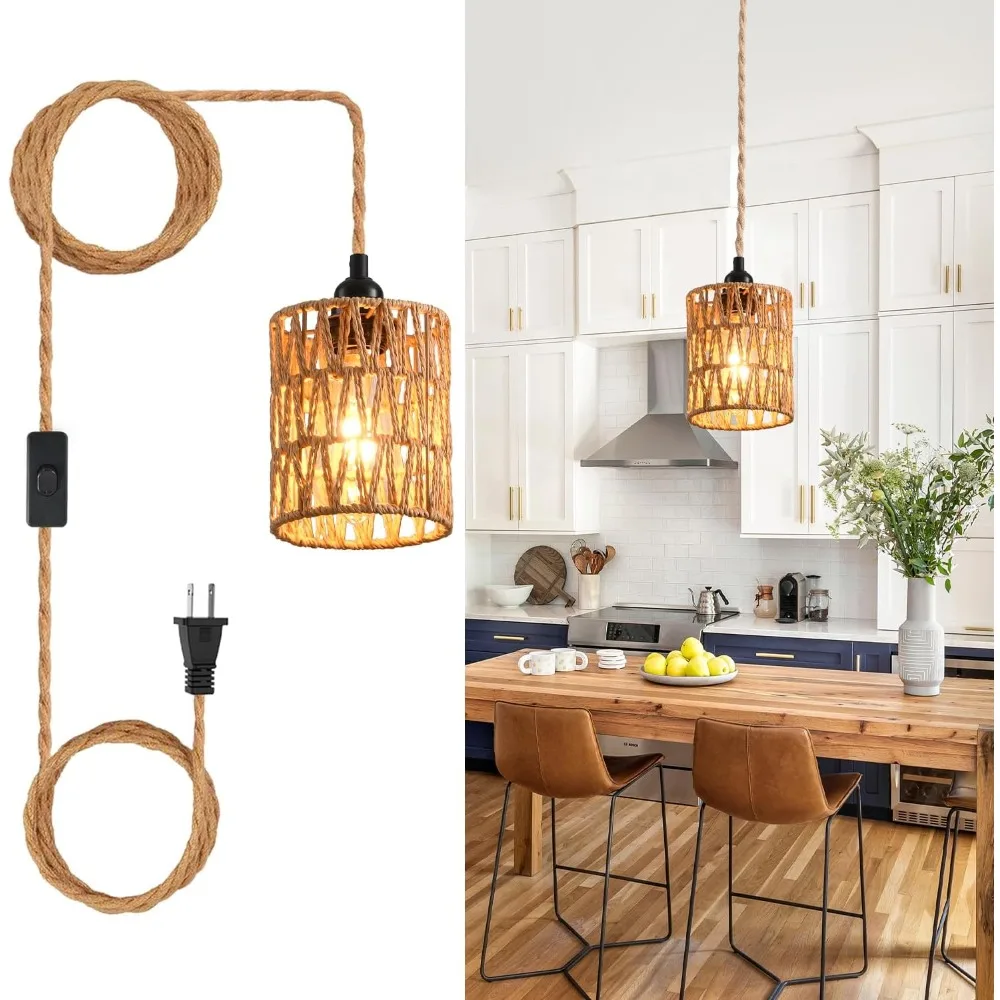

Подвесной светильник в стиле бохо, подвесной светильник из ротанга со шнуром, пеньковая веревка, подвесной светильник для фермерского дома для столовой, прикроватной тумбочки, ресторана