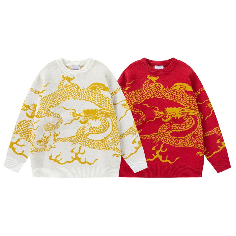 Chinese Dragon Knitted Sweater Men Women Winter Thick Knitwear Sweater Jaquard Animal Crewneck Couple Pullover Male Unisex Red