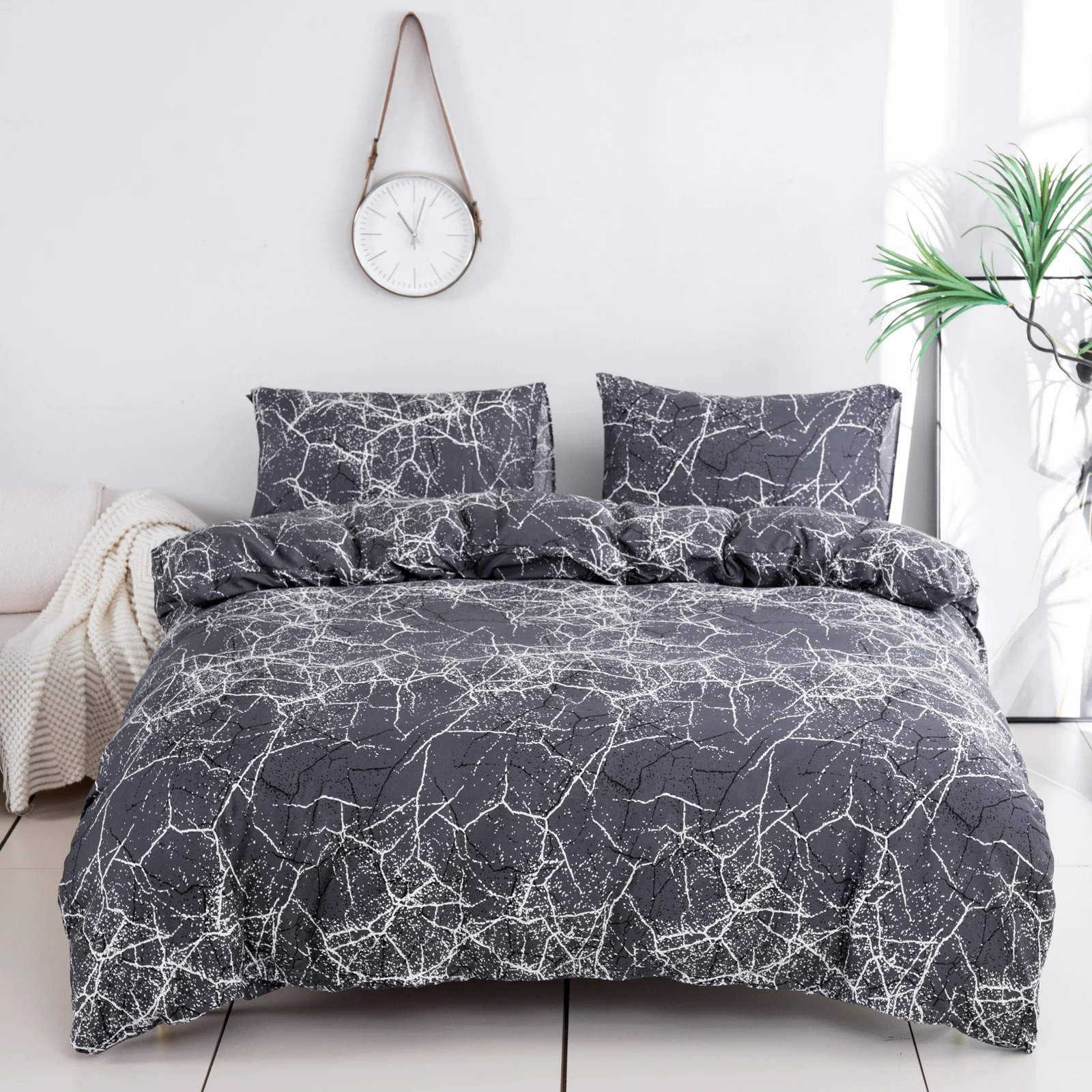 2 Pillowcases + 1 Duvet Cover, Polyester Fiber Black and White Marble Pattern Printed Bedspread 3-Piece Set, Ultra-Soft and Comfortable Polyester Breathable Bedding Duvet Set, Suitable for Bedrooms and Guesthouses (Bedspread + Pillowcases, Without Quilt and Pillow Insert) Zipper Style Duvet Cover + Pocket Pillowcase