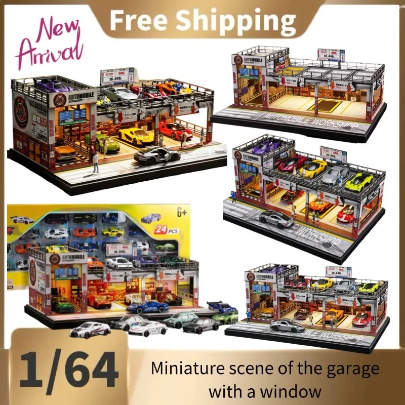 SHOUCANGJIA 1: 64 parking lot model with illuminated garage miniature scene, vehicle models storage and display.