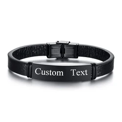 Pulsera de cuero con texto personalizado para hombre y mujer, brazalete de acero inoxidable con grabado de logotipo y nombre, color negro, venta al por mayor