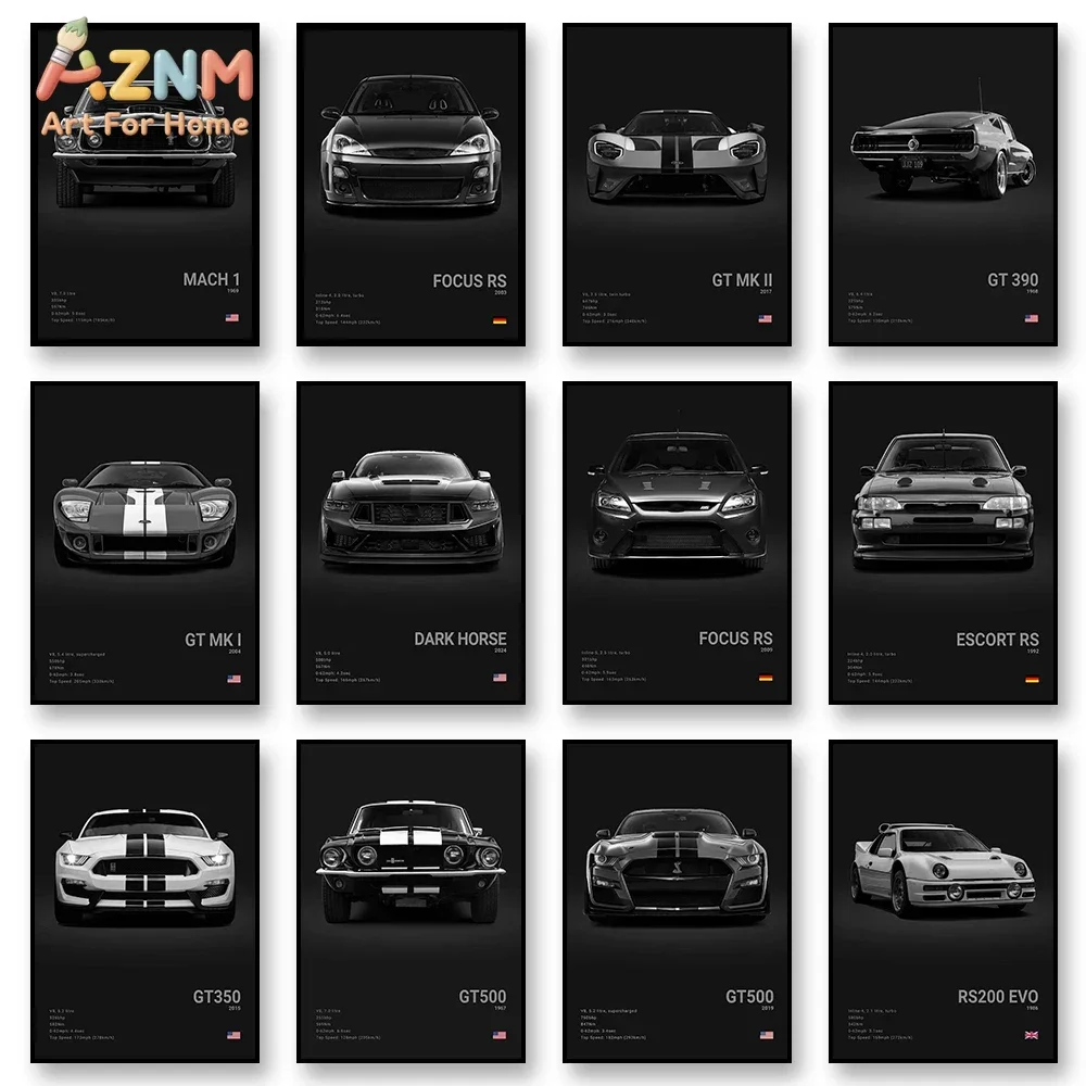 AZNM Ford Mustang RS Series Canvas Wall Art Black White American Muscle Car Spec Poster Unframed Canvas Print for Garage Decor