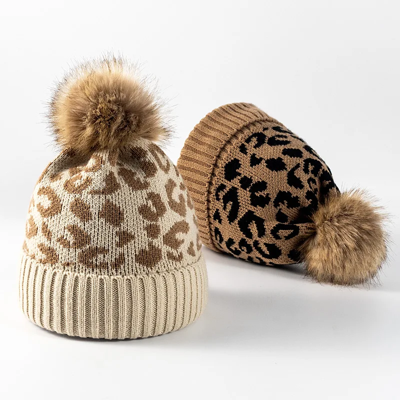 Leopard Print Knit Beanie Hat Large Faux Fur Pom‑pom Cuffed Ribbed Winter Cap Soft Warm Elastic Knitted Headwear for Cold Days