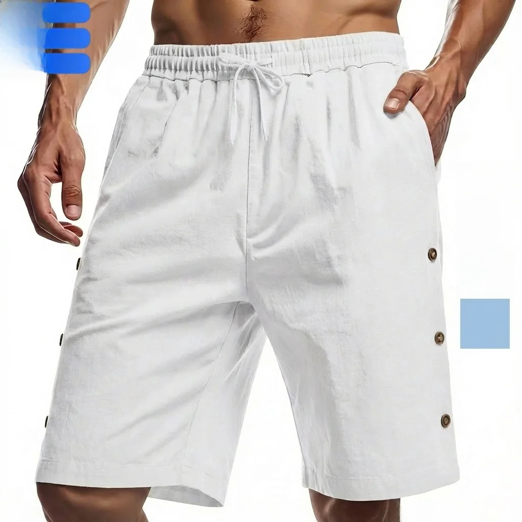 

Men's Loose Fit Cotton Linen Beach Casual orts with Buttons Ciwalk Five-Quarter Length Pure Color Summer orts