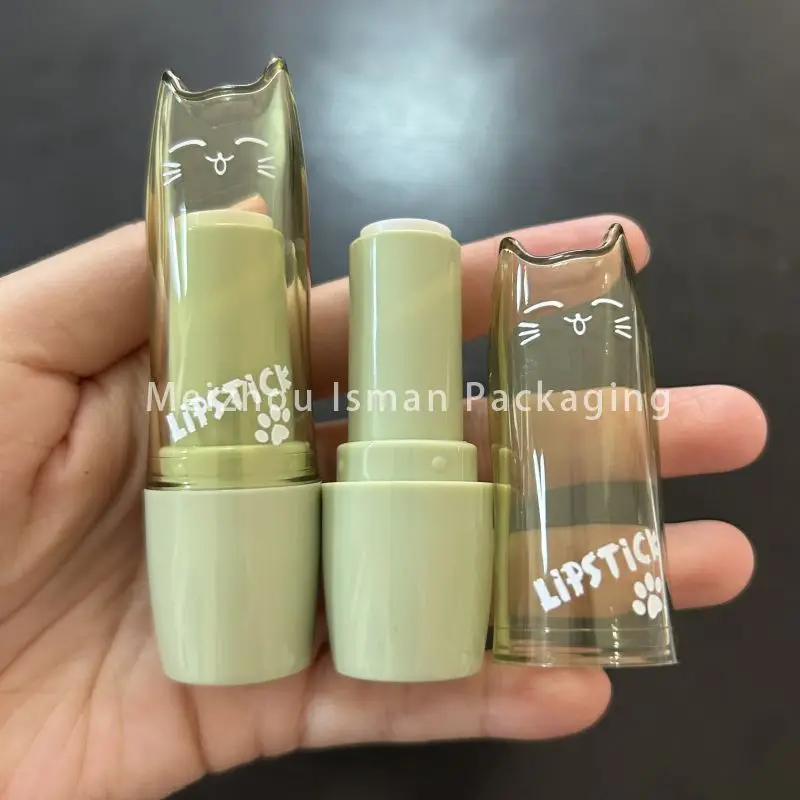 50Pcs cute green cartoon cat shaped lip balm packaging cosmetic lipstick tube container for makeup tubes in stock 12.1mm