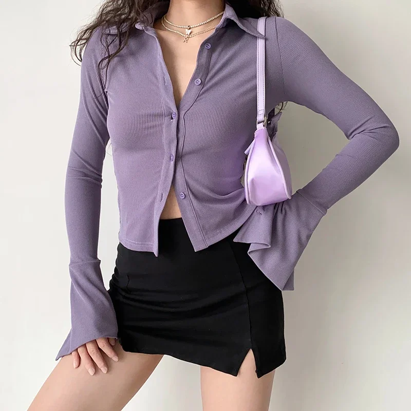 HELIAR Women Buttons Up Cardigan Shirt Polo Neck Flared Sleeve Office Elegant T-shirt Slim Sexy Blouse Solid Street Top Autumn