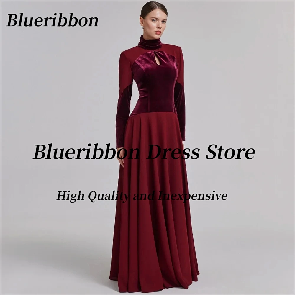 

Blueribbon High Collar Women's Evening Dresses Zipper Back Long Sleeves Prom Dress Saudi After Party Gowns Customized