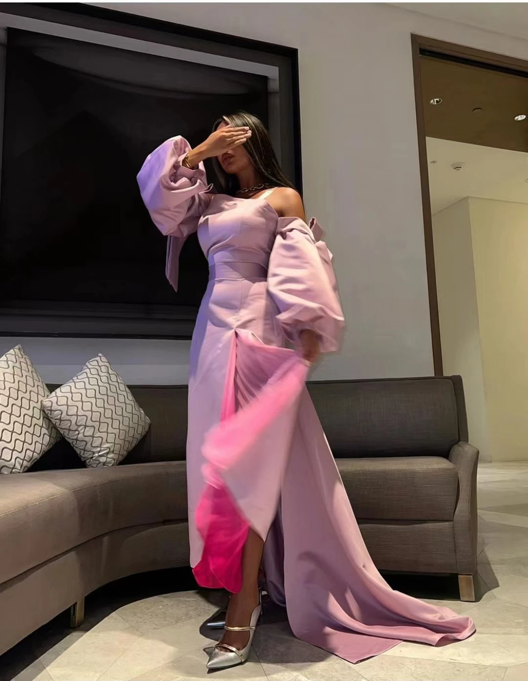 

AsaNagi Pink Satin Prom Dresses Pleated Off Shoulder Floor-Length A Line Bow Women Formal Party Dress 2023 vestidos de festa