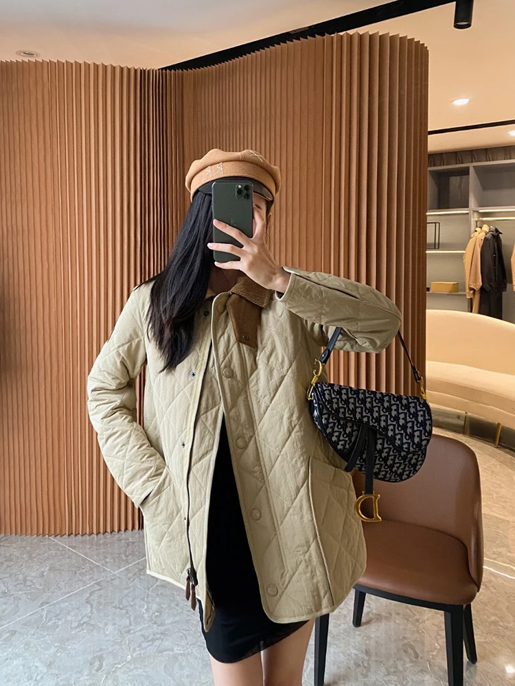 

Briti Sle Весенне-осеннее женское классическое пальто-куртка из хлопка с вельветовым воротником в клетку, свободного кроя, с длинными рукавами, на молнии