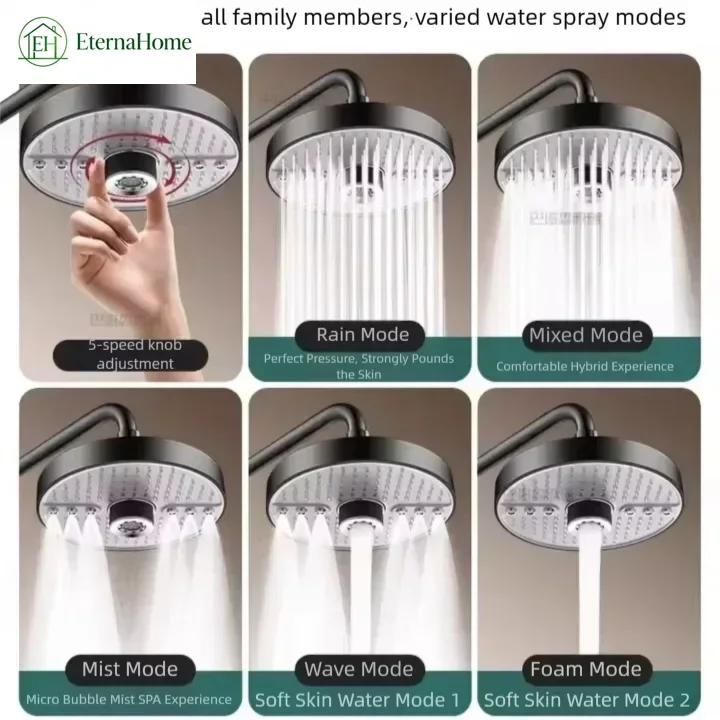 New 5 Modes Adjustable High Pressure Large Flow Supercharge Ceiling Mounted Rainfall Top Spray Shower Head Bathroom Accessory