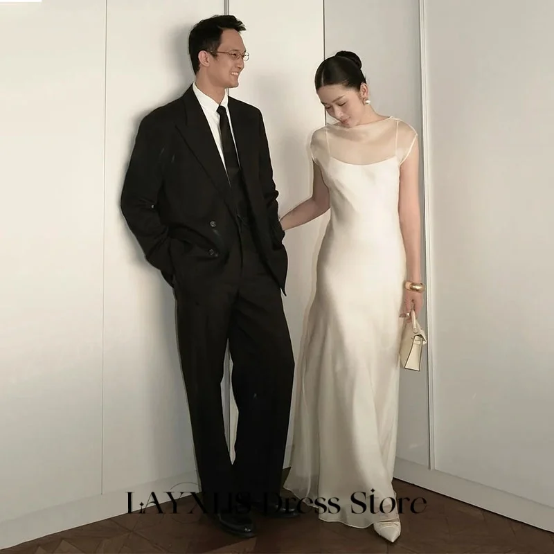 LAYXHS-vestidos de Noche elegantes con cuello redondo, Organza, sin mangas, sirena, botón, largo hasta el suelo, vestidos de novia personalizados