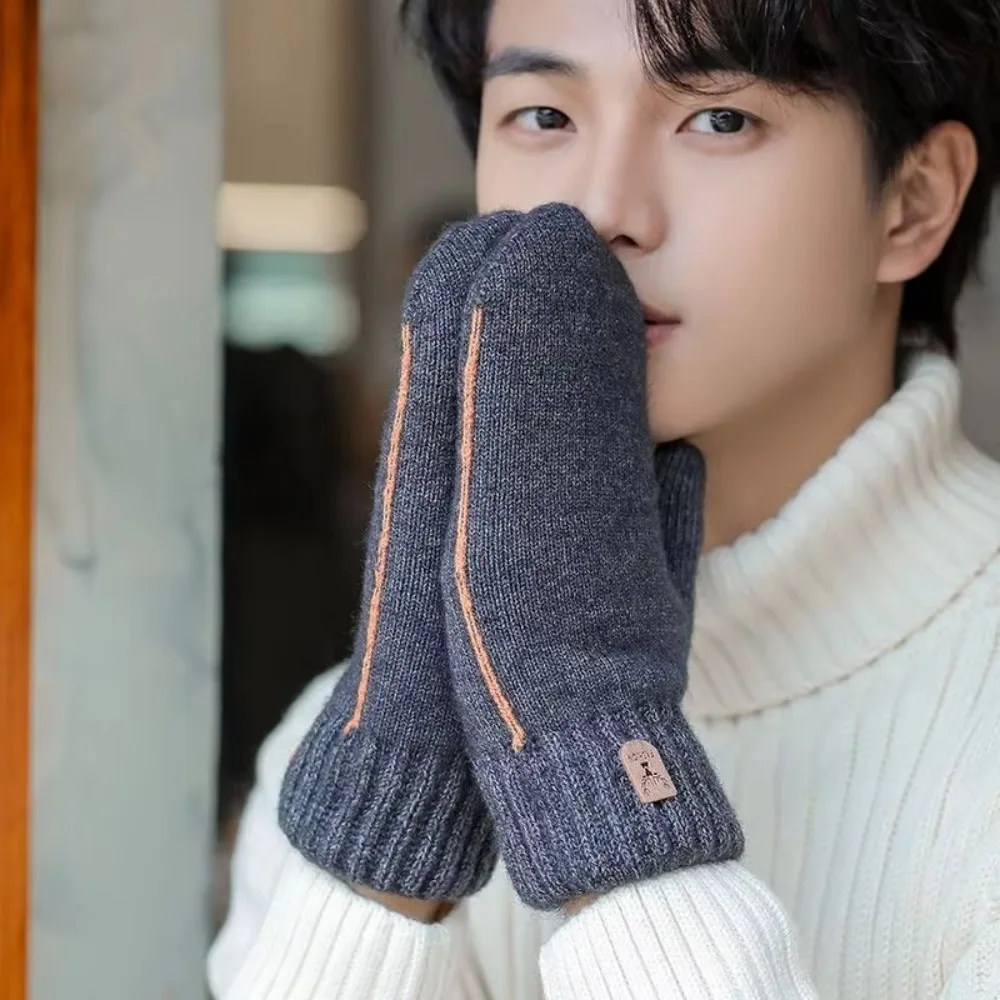 Durable Knitted Men's Gloves Thickened Double-layer Winter Gloves Velvet Finger Mittens Men